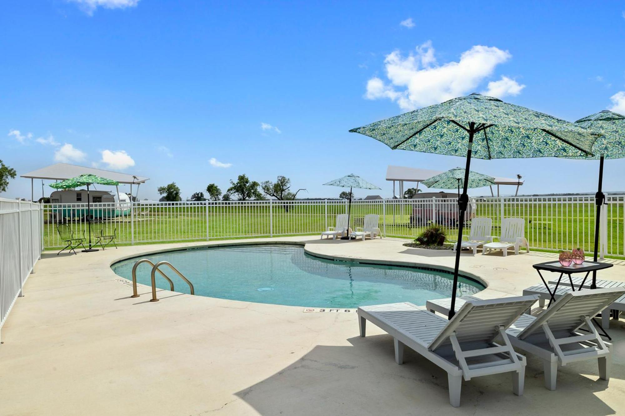 Blue Skies Retro Pool-fireplace Campsite